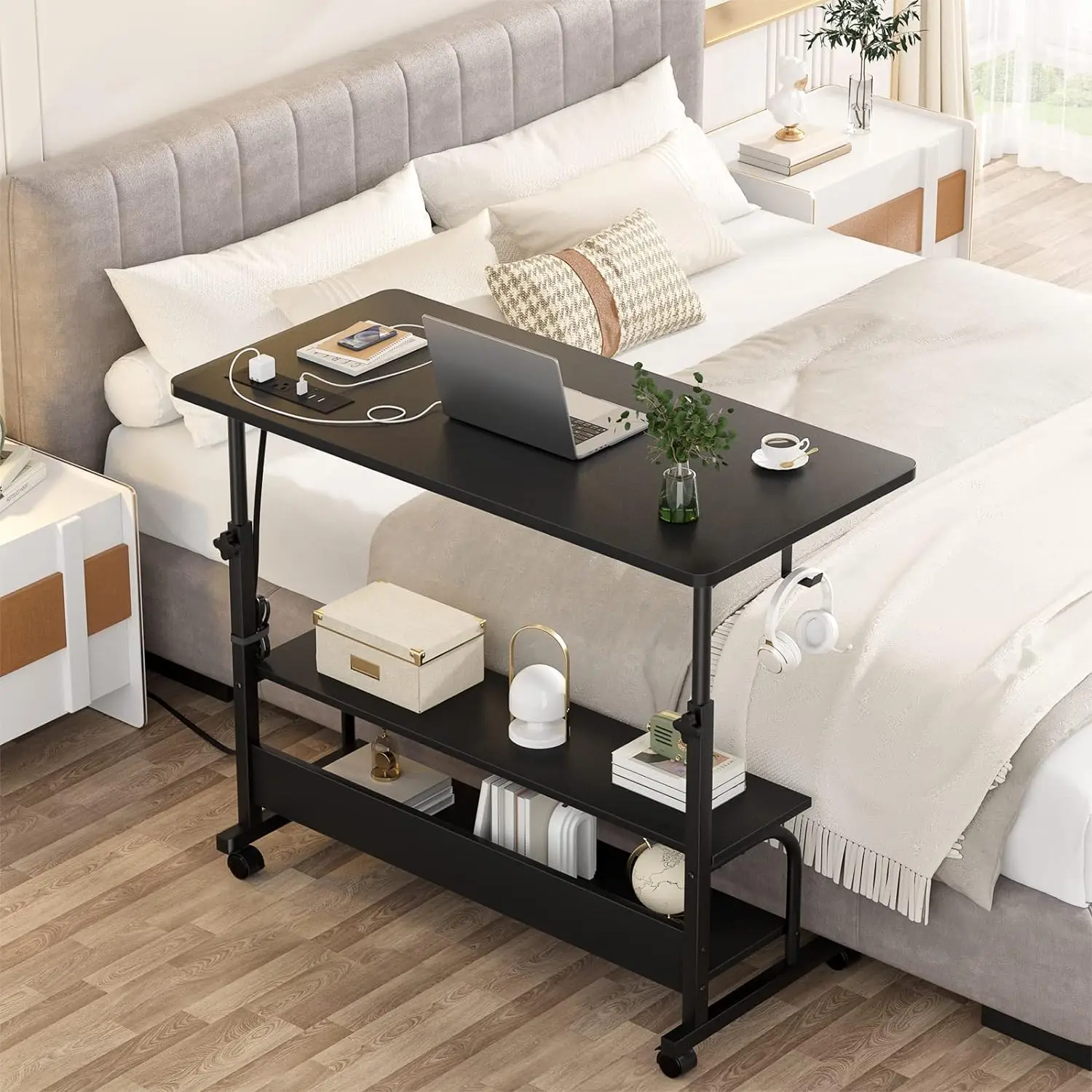 Height Adjustable Standing Desk with Power Outlet 3 Tiers with Storage Shelf Table Mobile Rolling Computer Desk for Home Office