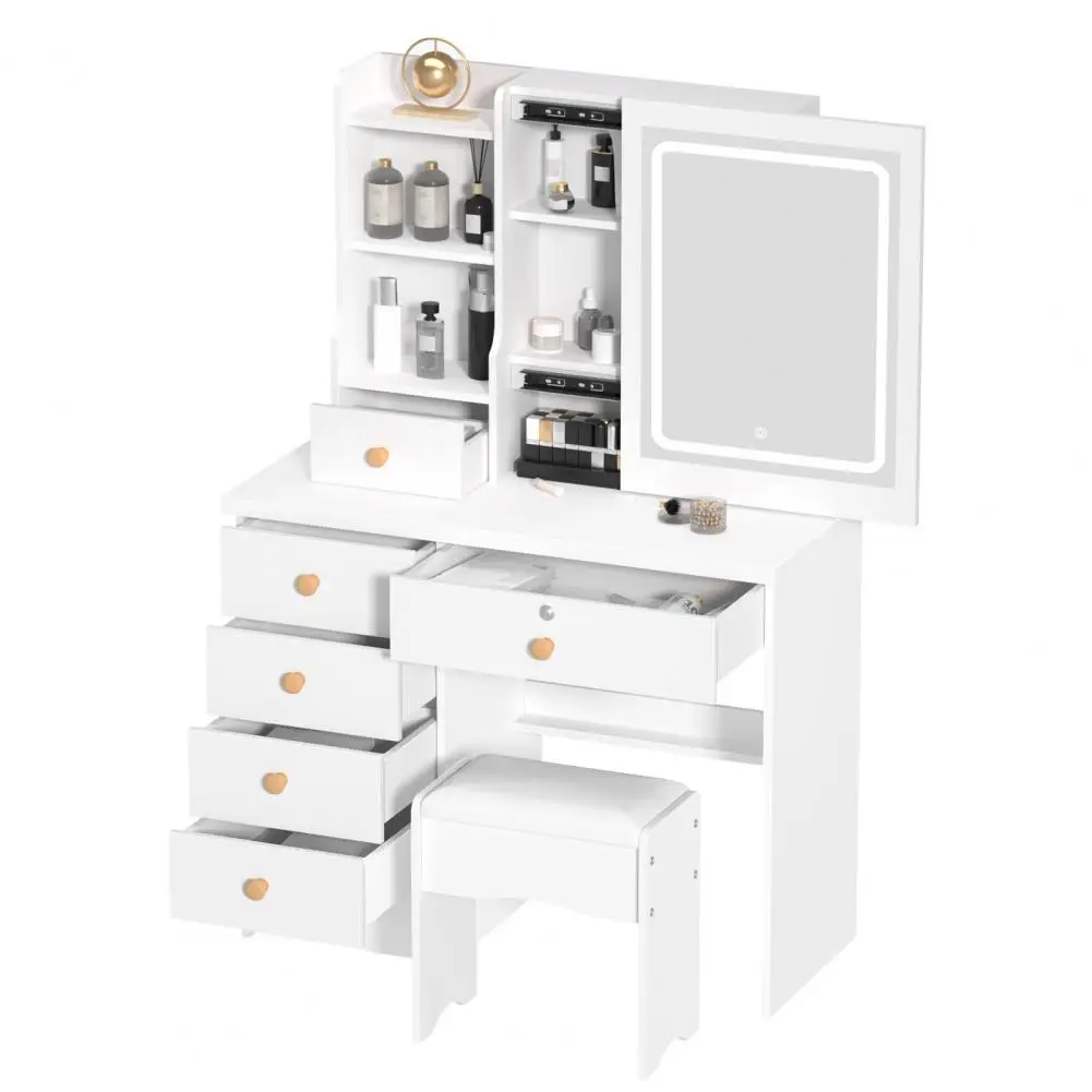 Meja Rias Rias dengan Cermin Menyala LED, Meja Rias dengan Kabinet 4 Laci, Set Bangku Berbantalan Meja Rias