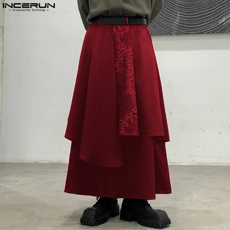 

INCERUN 2024 Korean Style Mens Trousers Irregular Patchwork Texture Pantalons Casual Streetwear Wide Leg Skirts Long Pants S-5XL