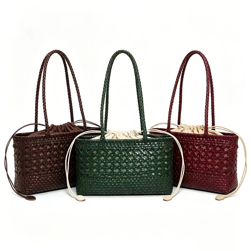 

French Luxury Cowhide Woven Shoulder Bag Retro 2-in-1 Vegetable Basket Bag Brand Hand-woven Underarm Bag Casual Commuter Bag