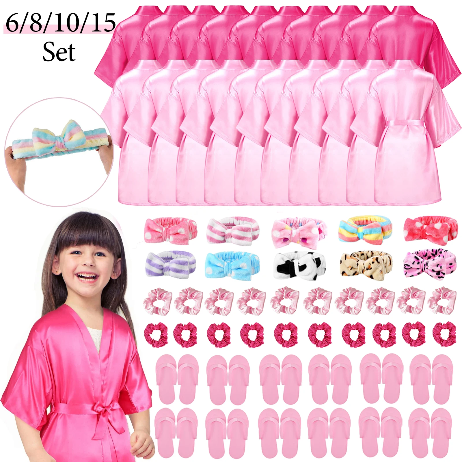 6-15 Set Kimono Girl Bathrobe Birthday Squad Robe Satin Silk Robe Slumber Party Favor Disposable Spa Party Headband Slippers