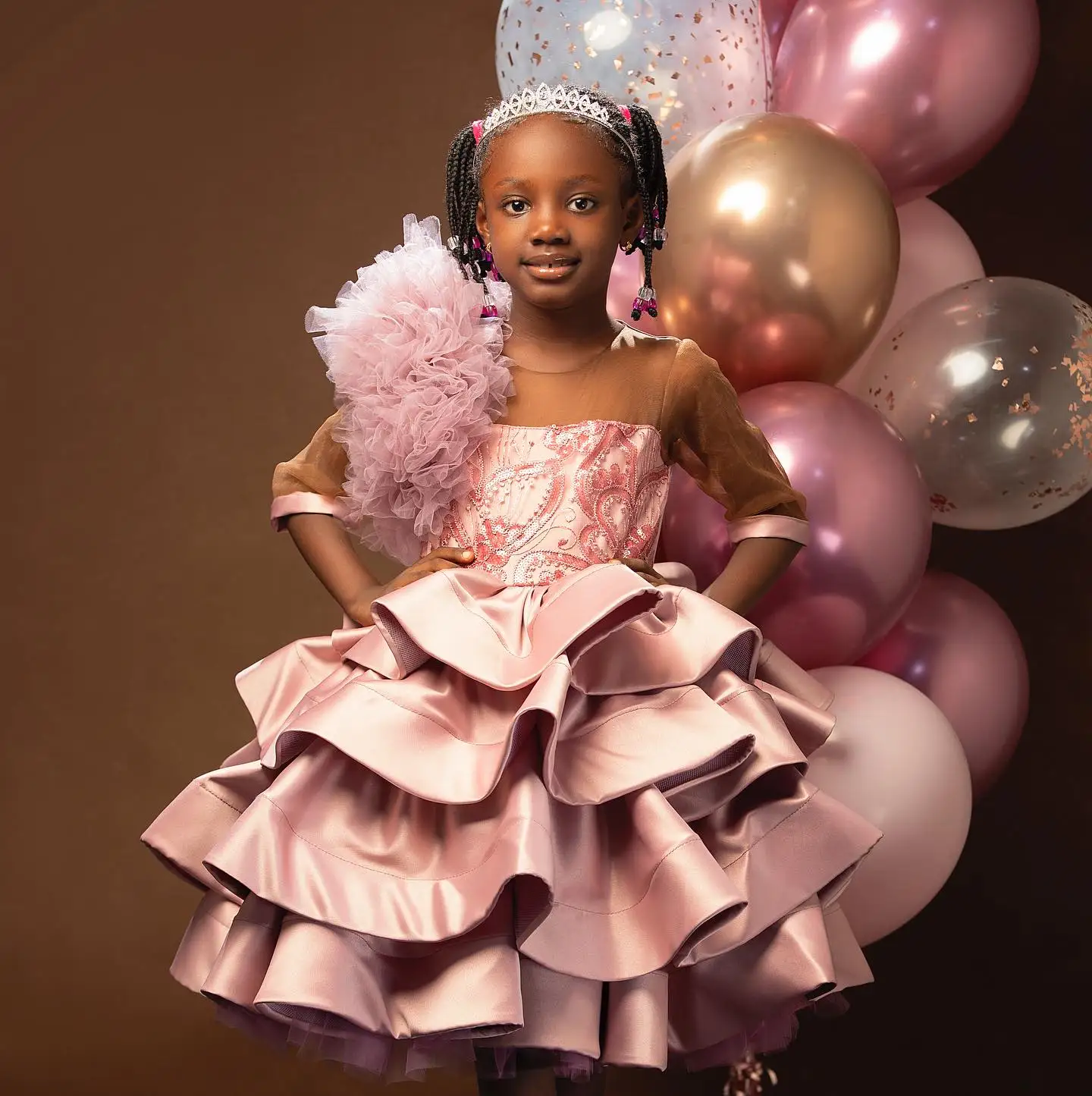 Pink Satin Girls Birthday Party Dresses Beaded Ruffles Half Sleeve Flower Girl Dresses Baby Kids Ball Gowns for Photo Shoot