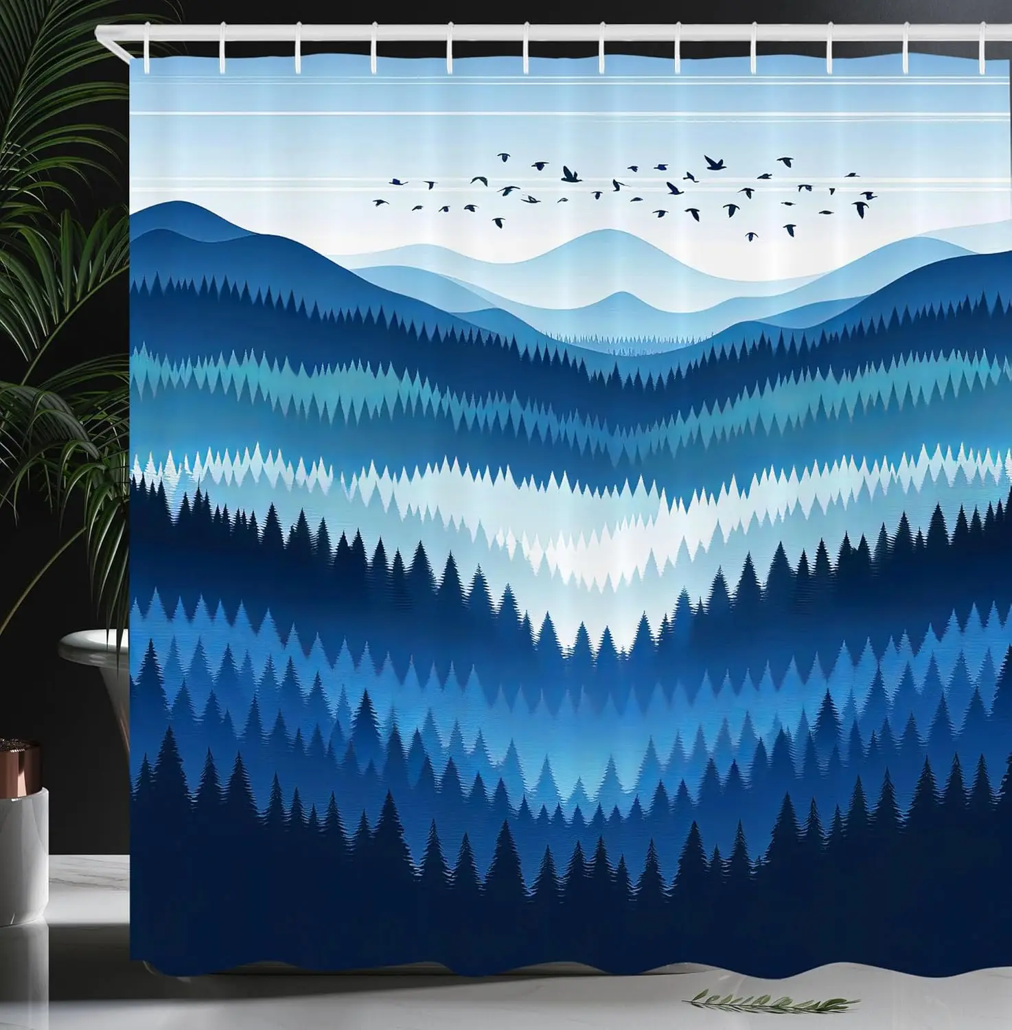 

Занавеска для душа с изображением горного леса, природного пейзажа, декора для ванной комнаты, водопада, деревьев, неба, силуэтов птиц над лесными деревьями