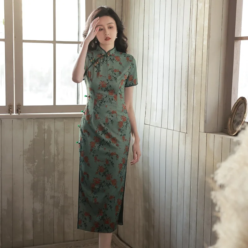 Green Cheongsam New 2023 Young Style Temperament Retro Chinese Old Shanghai Improved Women Qipao Wedding Guest Party Dresses