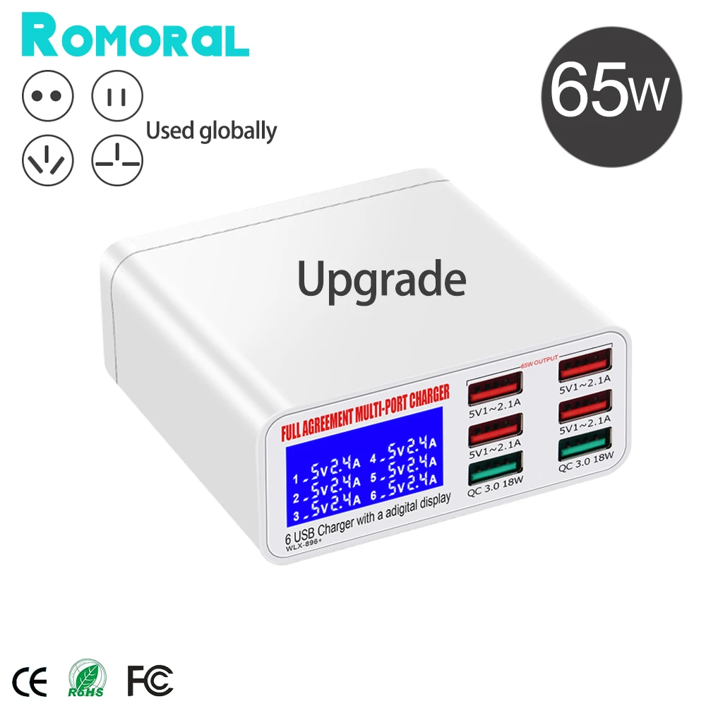 Newest Upgrade 8A 6USB Charger Station 65W 2 Port QC3.0 Fast Charger Adapter With LCD Smart Display For Iphone13 Samsung Huawei