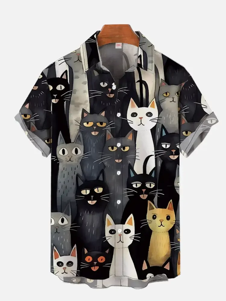 2024 Schattige Cat Print Casual Shirt Voor Mannen Dagelijks 3d Bedrukt Klassiek Shirt Met Korte Mouwen Mode Hawaiian Shirt Voor Vrouwen