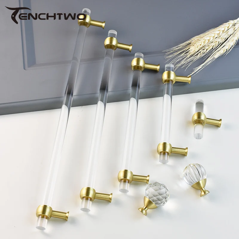 TENCHTWO Various Sizes Acrylic T Bar Handle Drawer Door Knobs Bathroom Furniture Handle Golden Kitchen Cabinet Pulls Wholesale