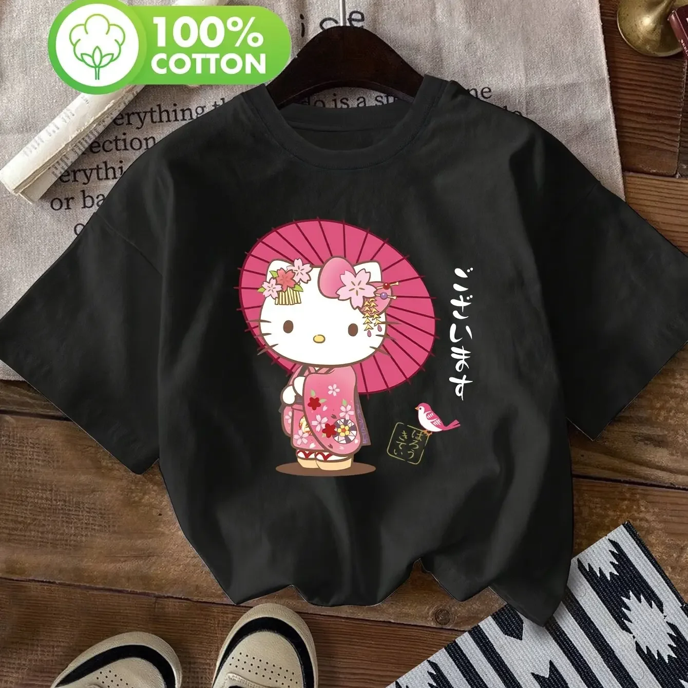 

Japanese Kimono, Hello Kitty Printed Women's Plus Size T-shirt, Summer New Cotton Y2K Loose Casual Versatile Short Sleeved Top