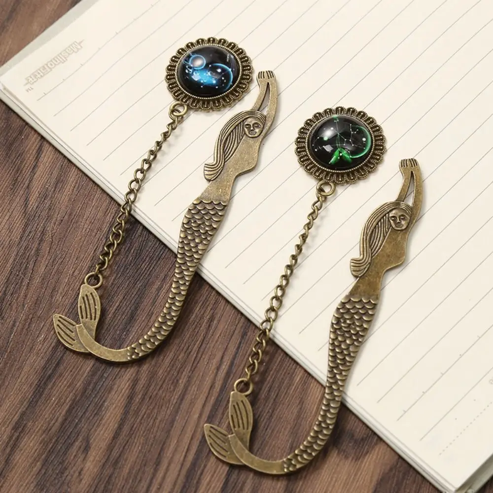 Gemstone Inlaid Twelve Constellation Bookmark Pagination Mark Good Luck Metal Mermaid Page Marker Book Paginator Book Clip