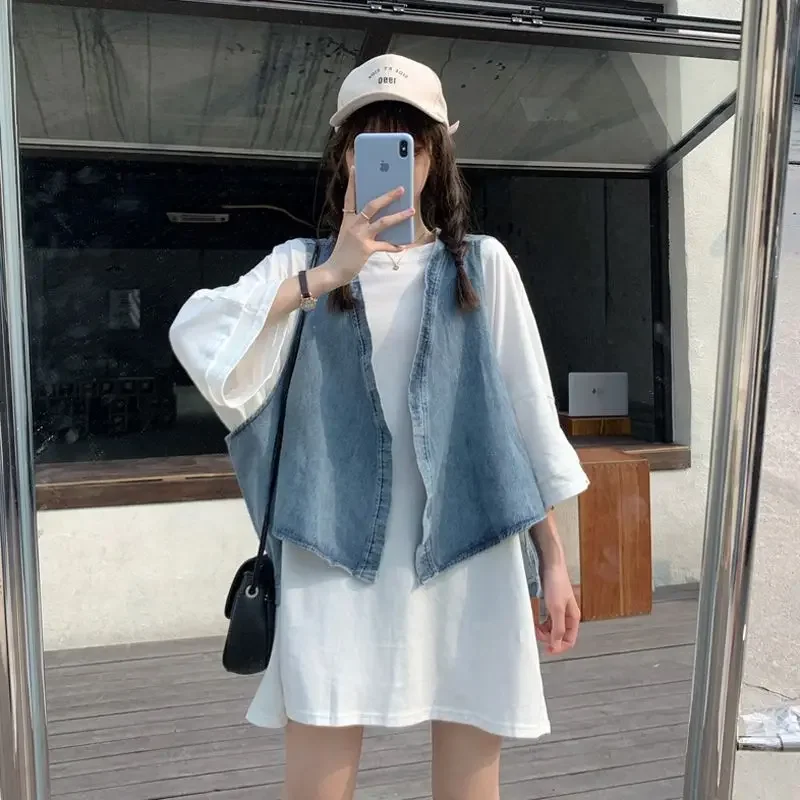 الدنيم سترة تي شيرت مجموعات النساء أزياء الصيف تصميم فضفاض الترفيه بسيط الطلاب كل مباراة اليومية الكورية نمط الصلبة الكلاسيكية الجديدة