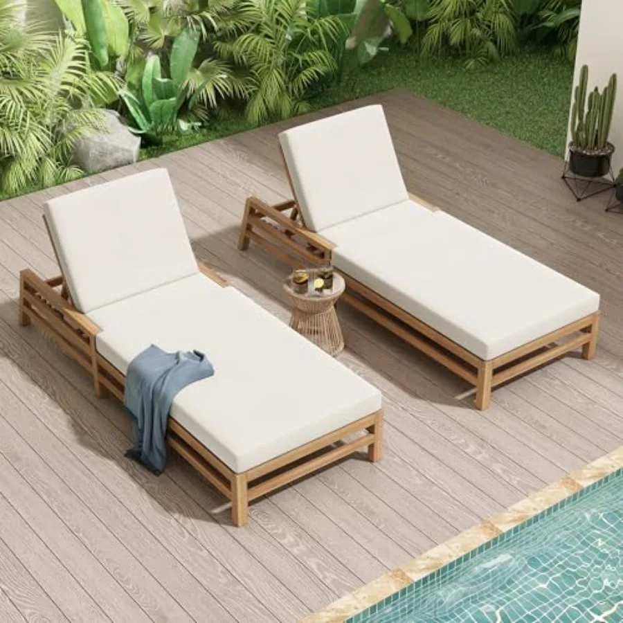 

Patio Chaise Lounge Chair, Adjustable Lounge Chair Outdoor with 5 Positions, Acacia Wood Patio Lounge Chair with Thick Cushions