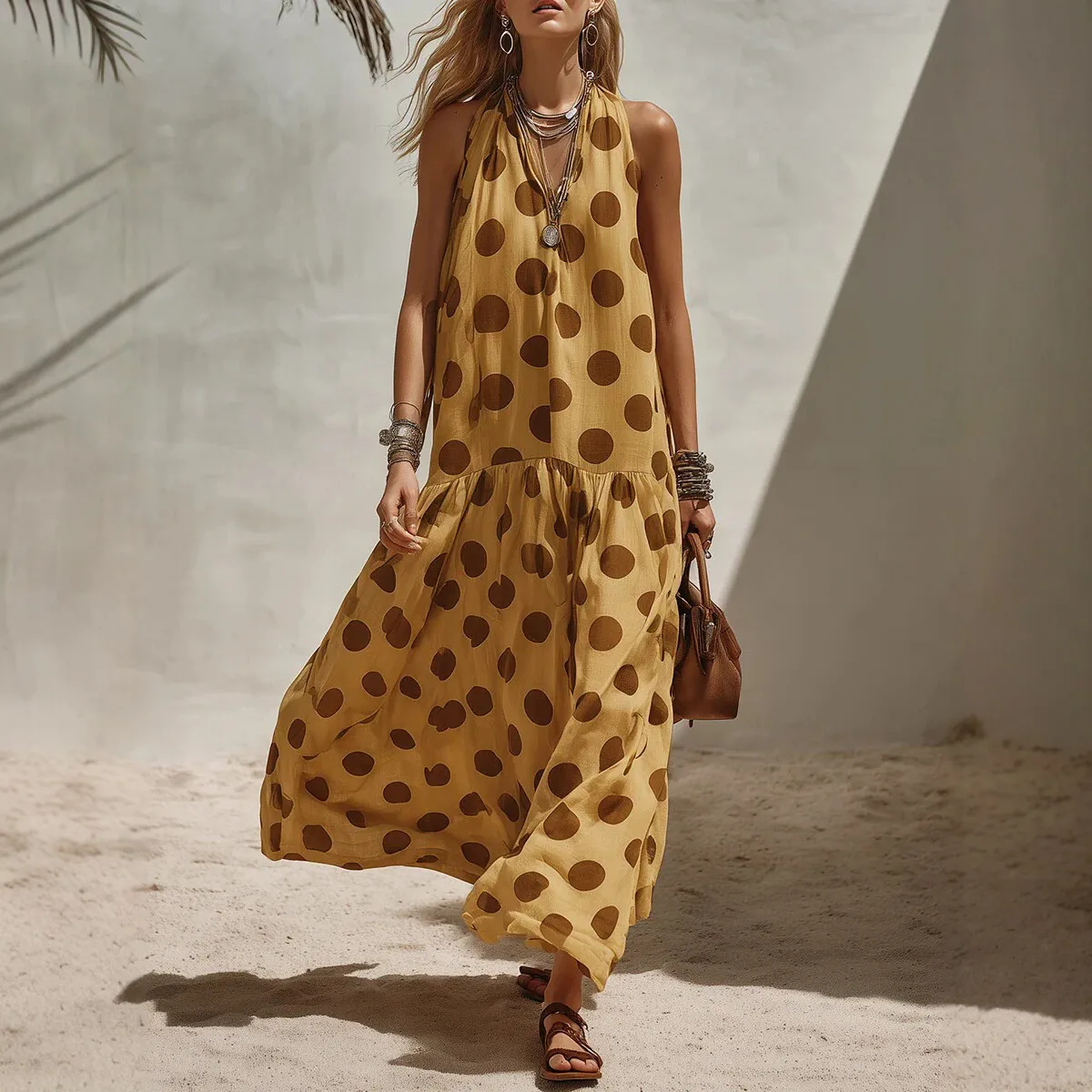 

2026 summer new polka dot sleeveless long skirt vacation style loose dress for women