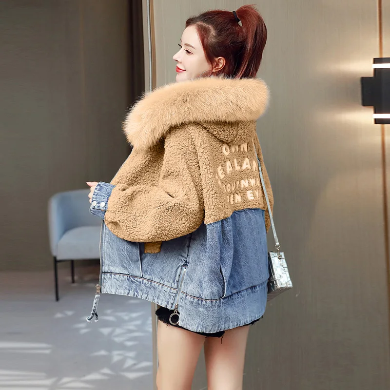 New Winter Parka Female Korean Loose Lamb Wool Plus Velvet Thicke Short Denim Jacket Outerwear Women lLetters Hooded Streetwear