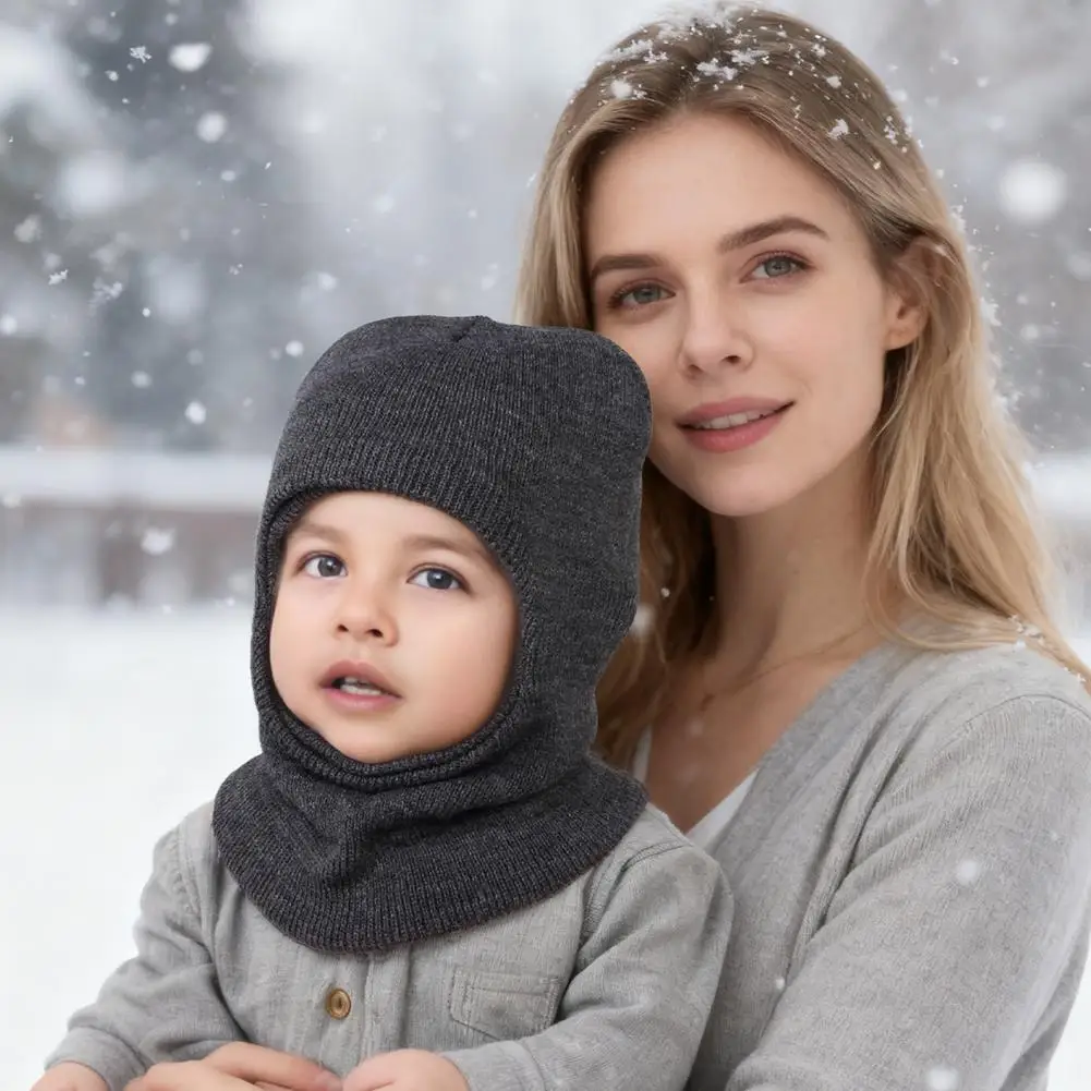 3-12Y Autumn And Winter Double-ball Pullover Cap, Children's Ear-protecting One-piece Cap, Solid-color Cute Woolen Hat