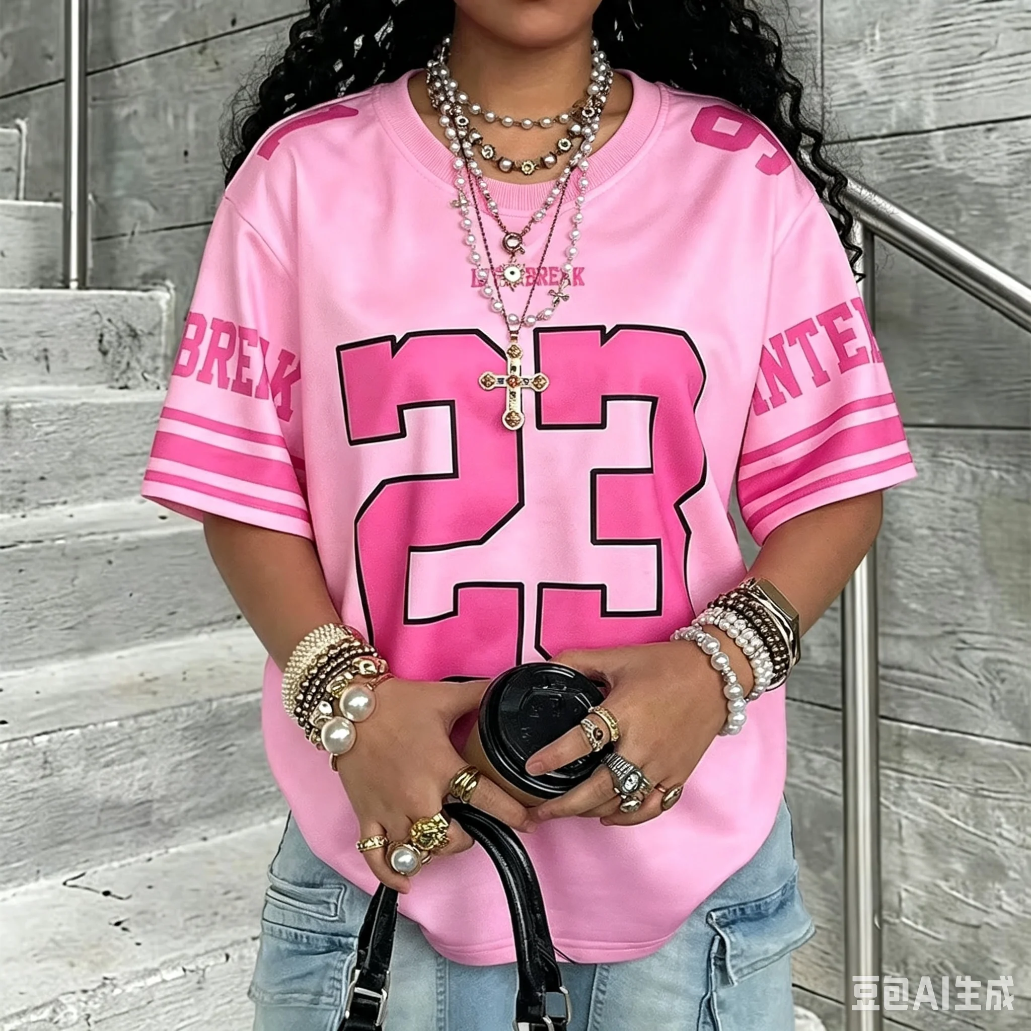 Damen Übergroßes Rosa 23 Nummer Bedrucktes Basketball-Trikot Vintage Kurzarm Streetwear Shirt Y2K Hip Hop Unisex Sport-T-Shirt Tops – Detail 7