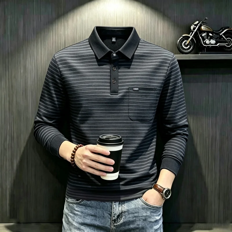 Luxury Man Long-Sleeved Polo Shirt Lapel Button Chest With Pockets Autumn Winter New Long Sleeves Business Casual Men's Clothing