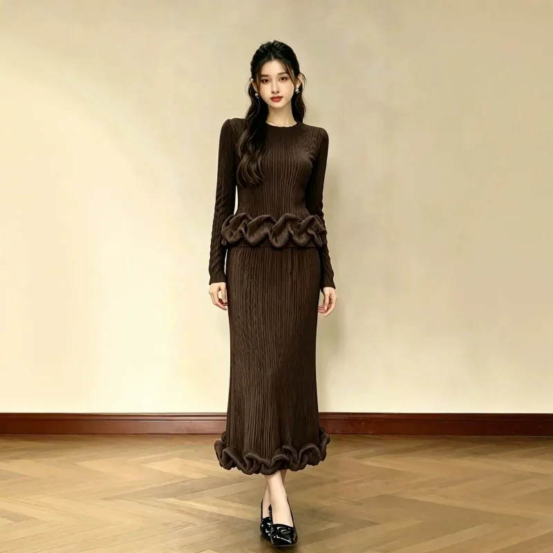 Pleated Skirt Set for Women 2026 Autumn New Velvet Round Neck Long Sleeve Top with Ruffled Hem + Fishtail Half Skirt Pleated Set