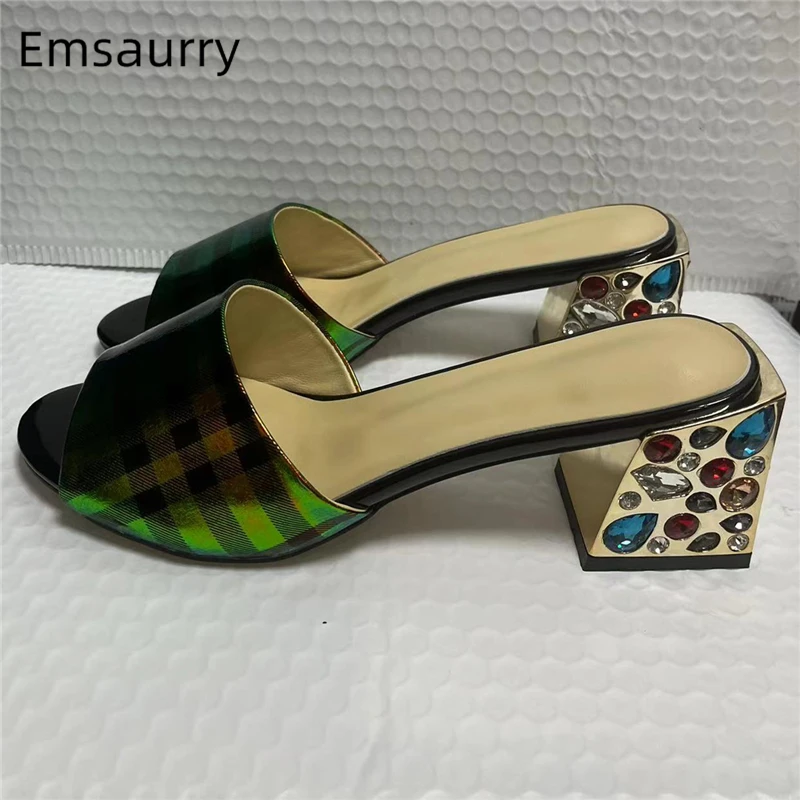 Colorful Rhinestone Square Heel Summer Mules For Girls Unique Leather Slingbacks Modern Sandals Women