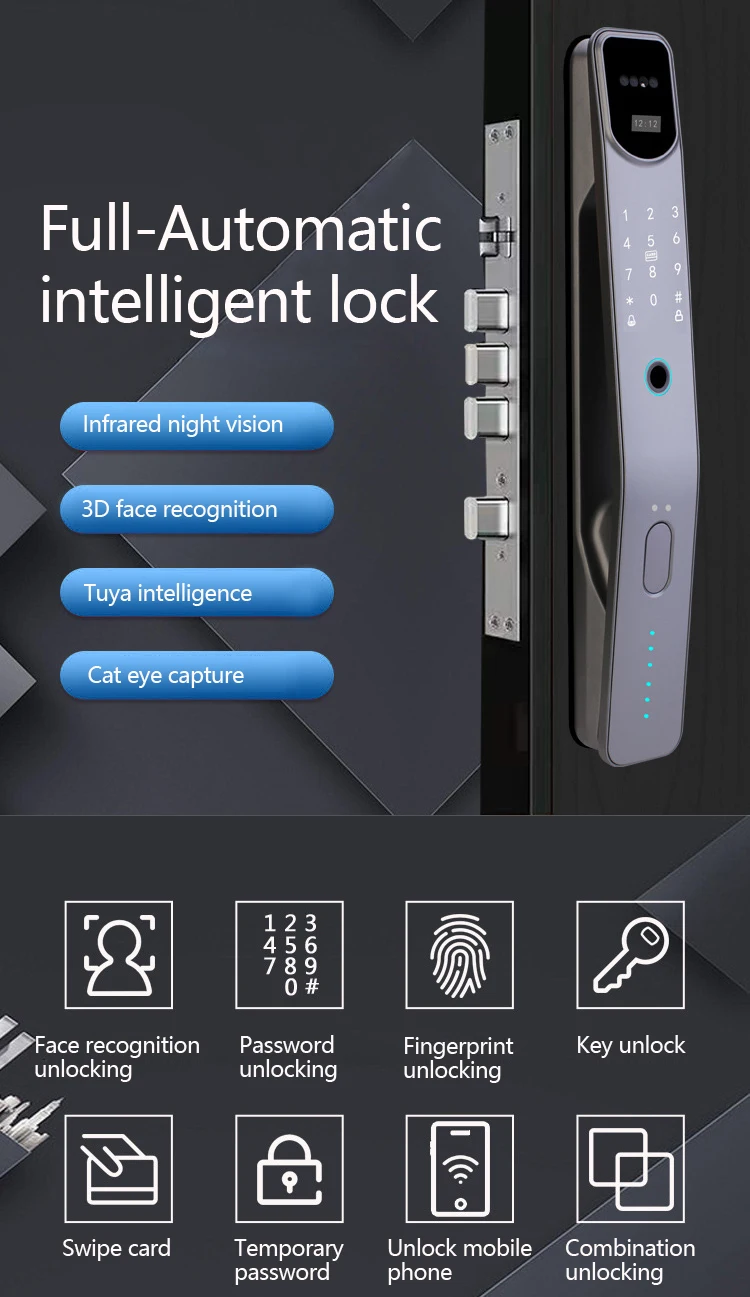 3D Face Intelligent Digital Fingerprint Door Locks, Reconhecimento Facial, Automático, Biométrico ID, senha, Tuya App, Smart Home