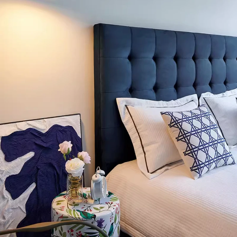 

Single bedside soft bag, modern light luxury backrest, blue square designer matte velvet fabric bed, solid wood floor ultra-thin
