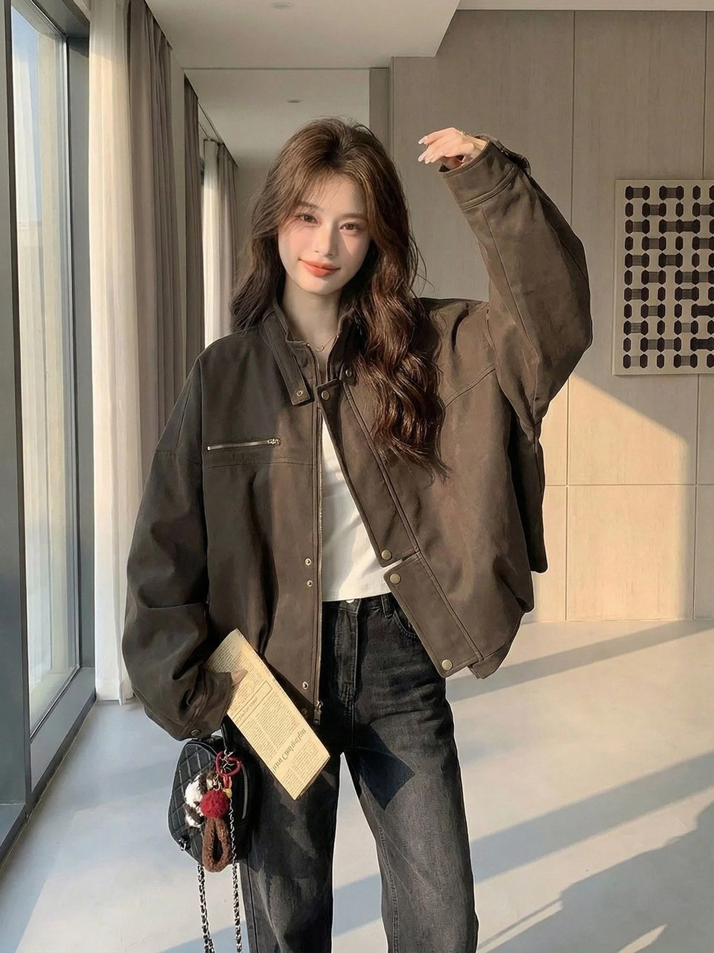 Retro American Style Brown Short Leather Jacket Women's Loose Motorcycle PU Leather Coat Autumn Cool Wind Stand Collar Top