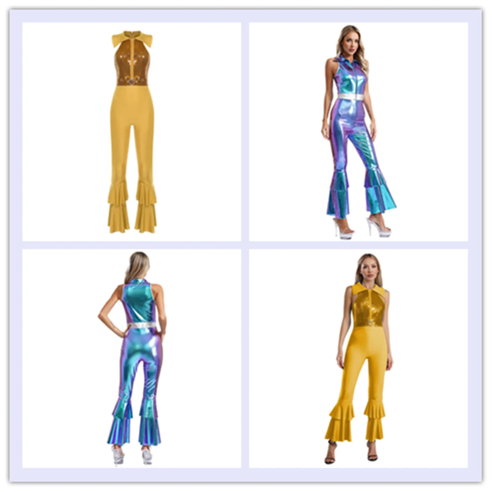 

Женский комбинезон в стиле хиппи с блестящими пайетками 60-х и 70-х годов, боди на молнии со стразами и расклешенным низом, костюм для диско-джазового танца