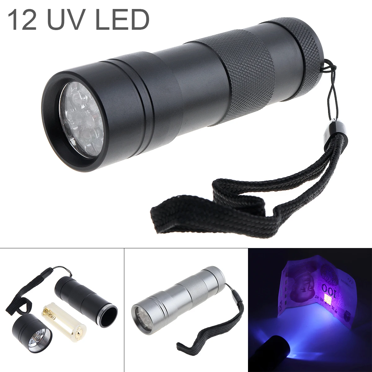 

395nm Aluminum Alloy 12 LED UV Flashlight Support 3x AAA Batteries for Fluorescent Agent Detection/Money Detector