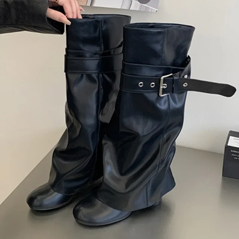 Eilyken Winter Design Detachable Splicing Buckle Strap Women Knee-High Boots Fashion Round Toe High Heels Shoes
