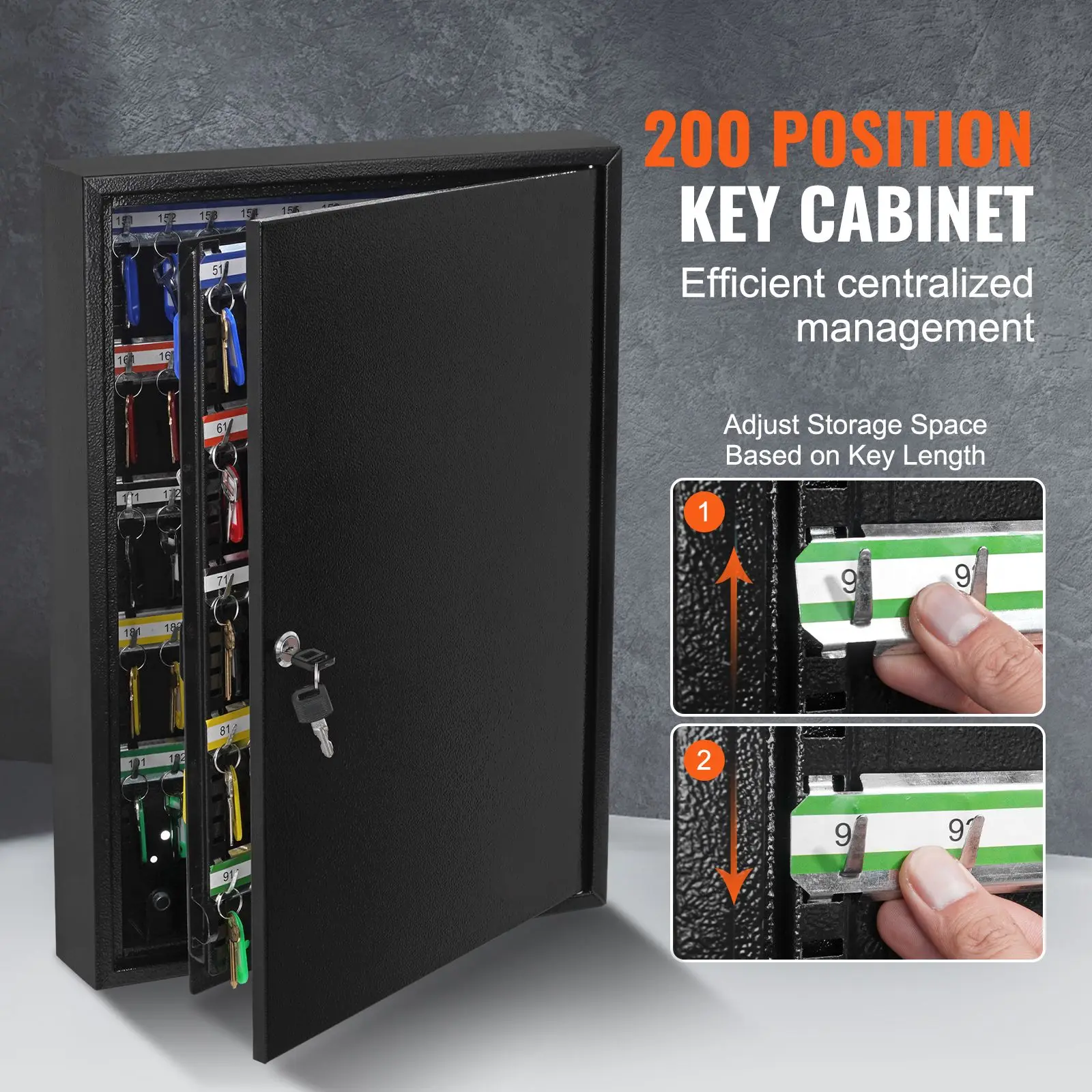 200-Key Cabinet, Key Lock Box with Adjustable Racks, Security Key Storage Box Steel, Key Organizer with 200 Colorful Key Tags and 4 Record Cards for School, Office, Hotel