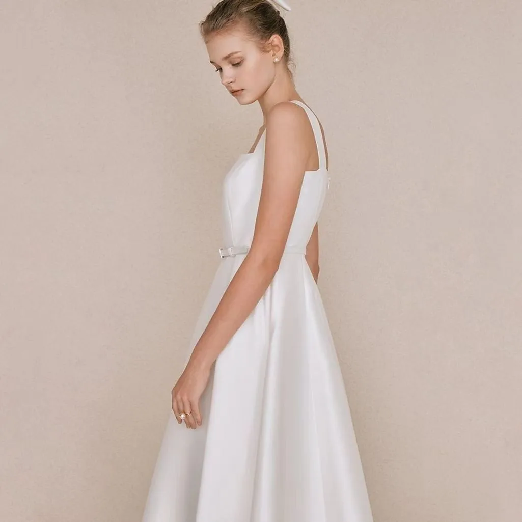 Robe de mariée à bretelles spaghetti avec nœud simple, fente haute, robe élégante pour les patients