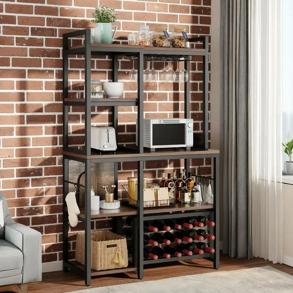 

35 5-Tier Kitchen Storage Rack with Power Outlet and Wine Holder, Rustic Brown