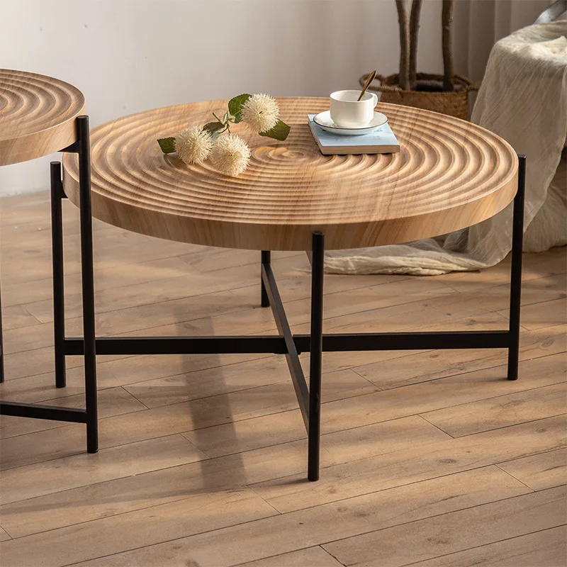 33 inch modern threaded design circular coffee table, MDF tabletop, with crossed leg metal base