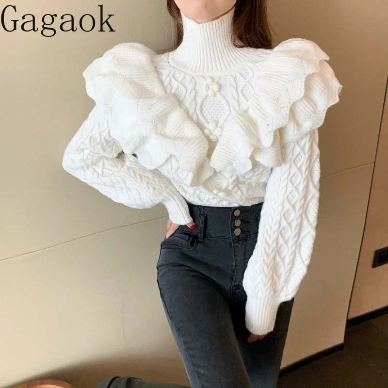 Gagaok-女性用ハイカラーフリッドジャストワイトセーター、ルーズニットシャツ、スリム韓国トップ、新品、秋、冬、2023