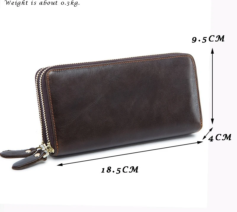 Business Double Zipper Men Wallet Long Purse Top Grain Leather Large Capacity Clutch Handbag RFID Blocking