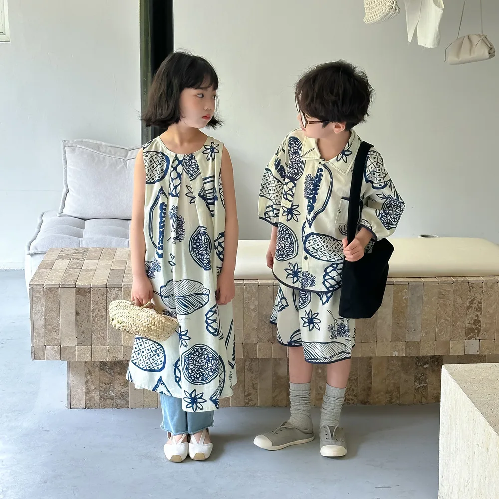 

2026 Summer New Children Short Sleeve Clothes Set Boys Fashion Print Shorts Suit Kids Girs Casual Vest Dress Brother Sister Set