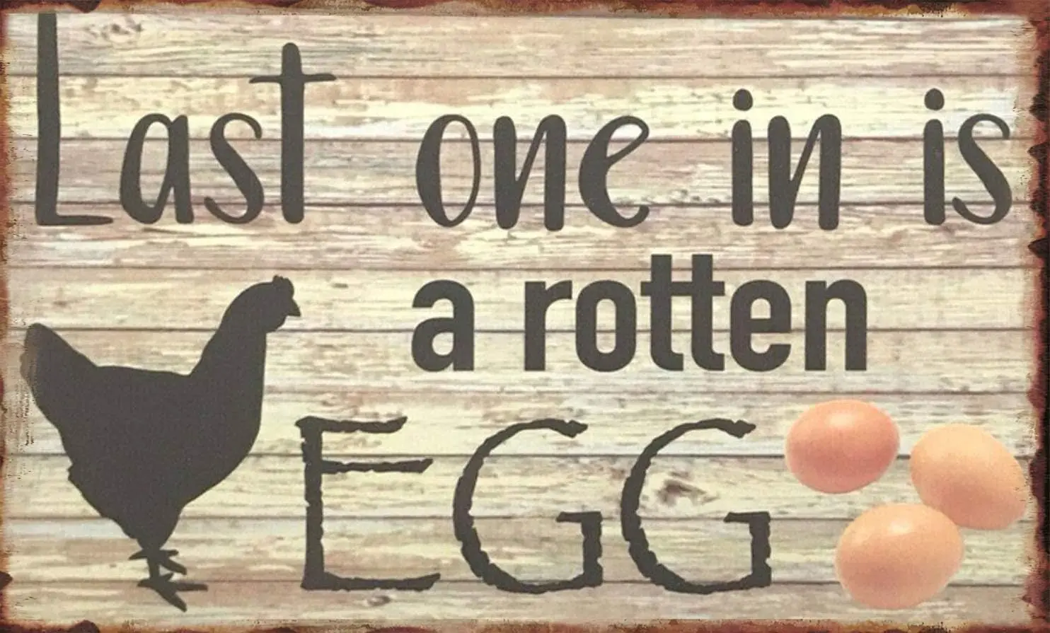 Last One In Is A Rotten Egg Chicken Sign Hanging Farm Country Art Decoration Indoor Sign Wall Decoration Metal Tin Sign