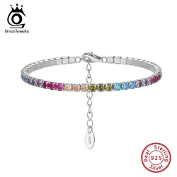 ORSA JEWELS Fashion 3mm Bezel Setting Colorful 4A Cubic Zirconia Tennis 925 Sterling Silver Adjustable Bracelet for Women SB192