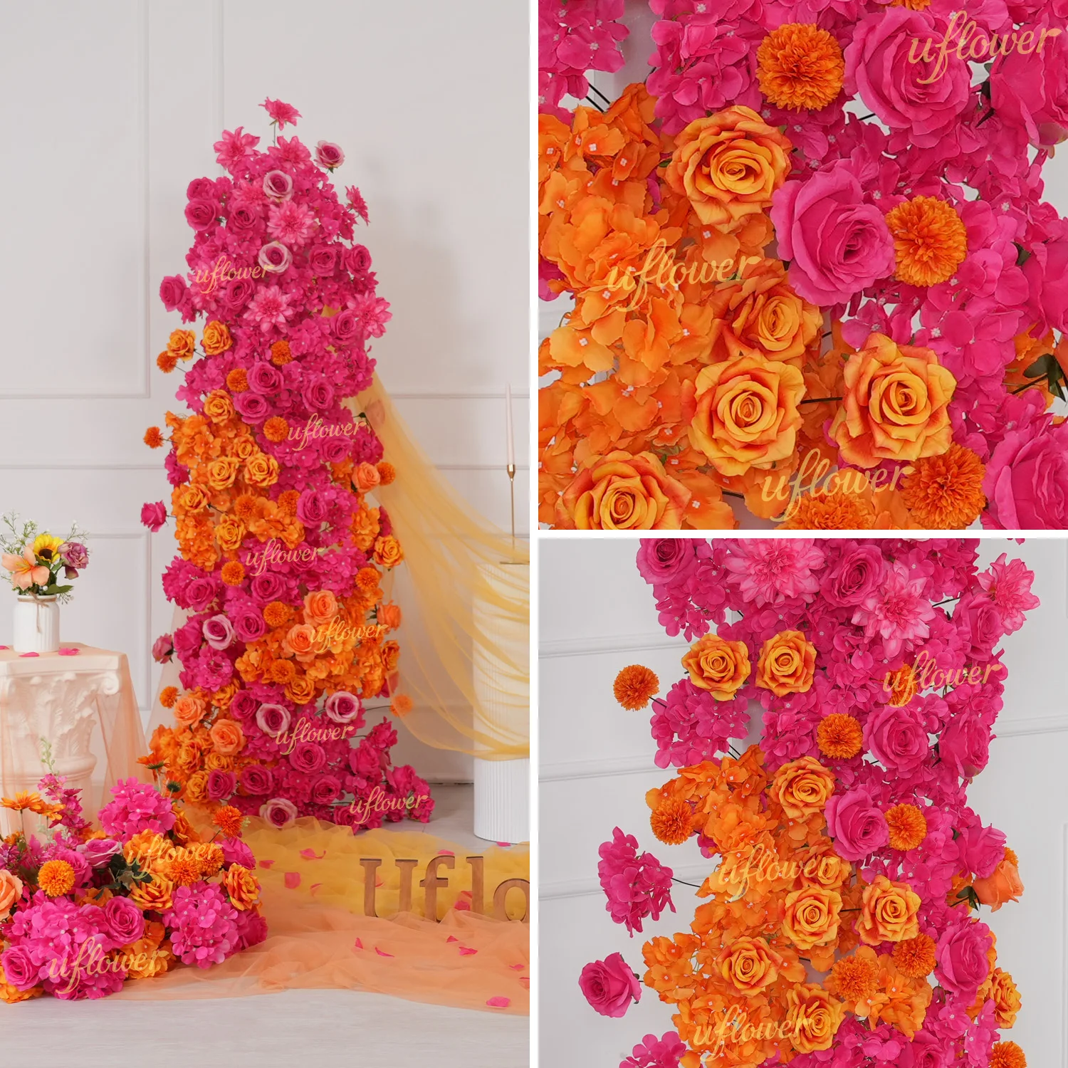 Uflower 핫핑크 오렌지 장미 인공 꽃 웨딩 장식  - Wedding Arch Flower 리뷰 및 가격