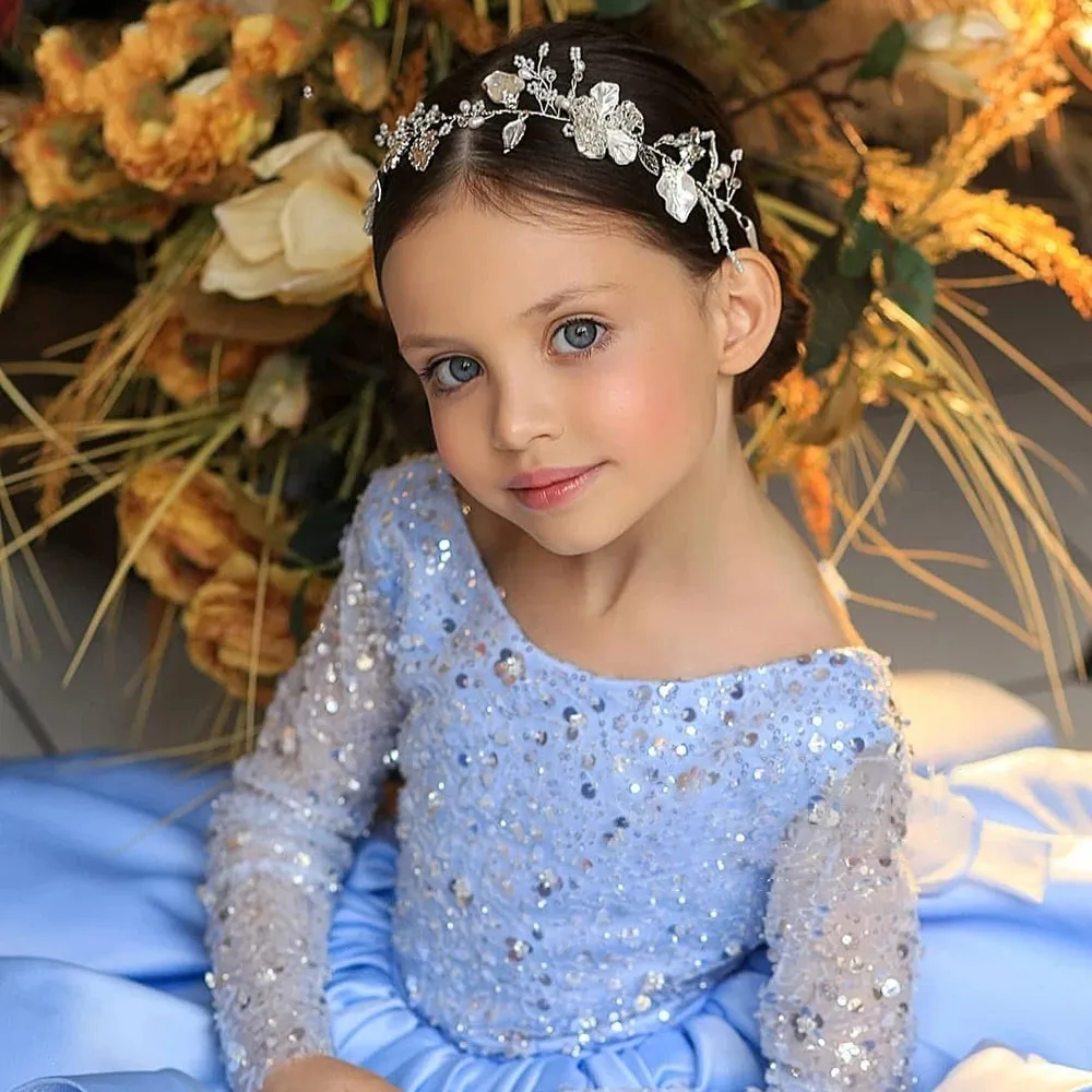 Cute Flower Girl Dresses Glitter Sequin Kids Party Gowns for Birthday Long Sleeve Princess Puffy Pageant First Communion Dresses