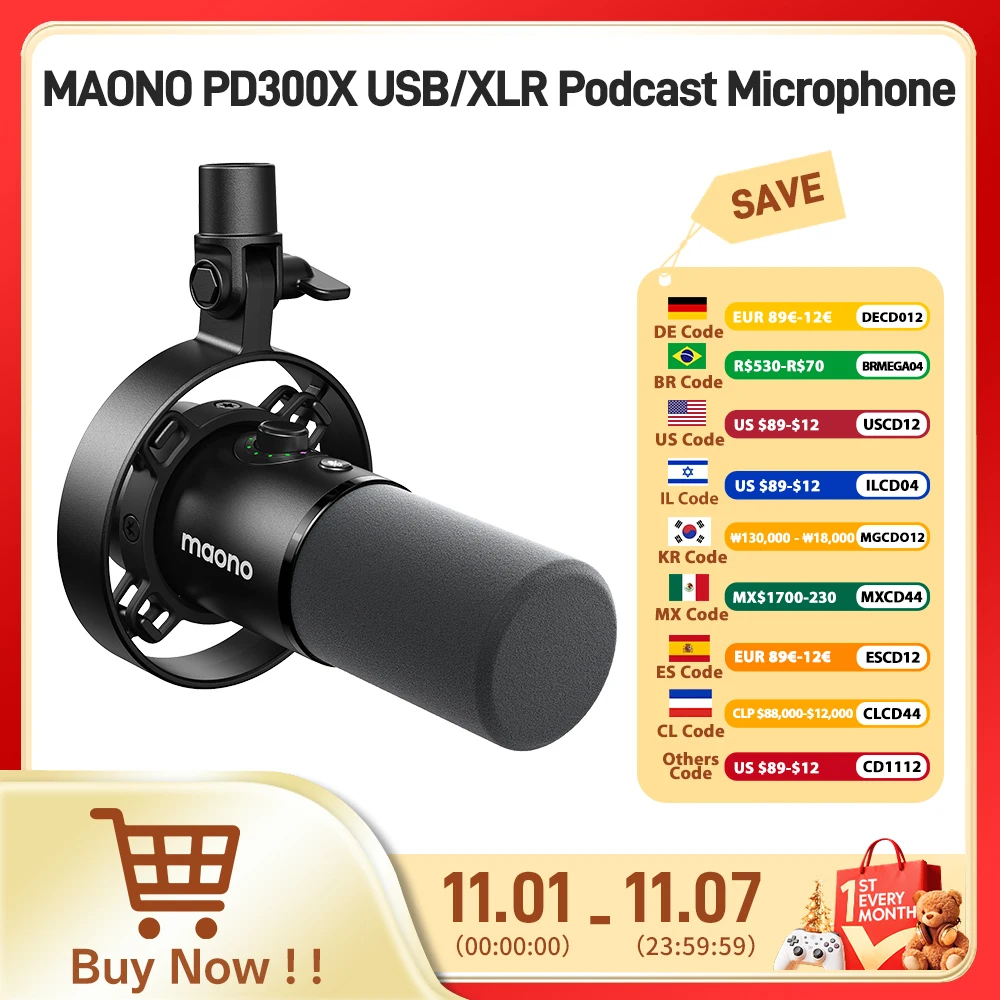 

Maono PD300X динамический микрофон XLR USB микрофон для записи подкастов 192 кГц 24 бит для создания контента домашняя аудиостудия шумоподавление