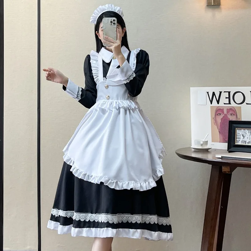 

2025 New Japanese Korean Women Maid Outfit Lolita Dress Cute Kawaii Black White Uniform Long Apron Dress Mucama Cosplay Costume