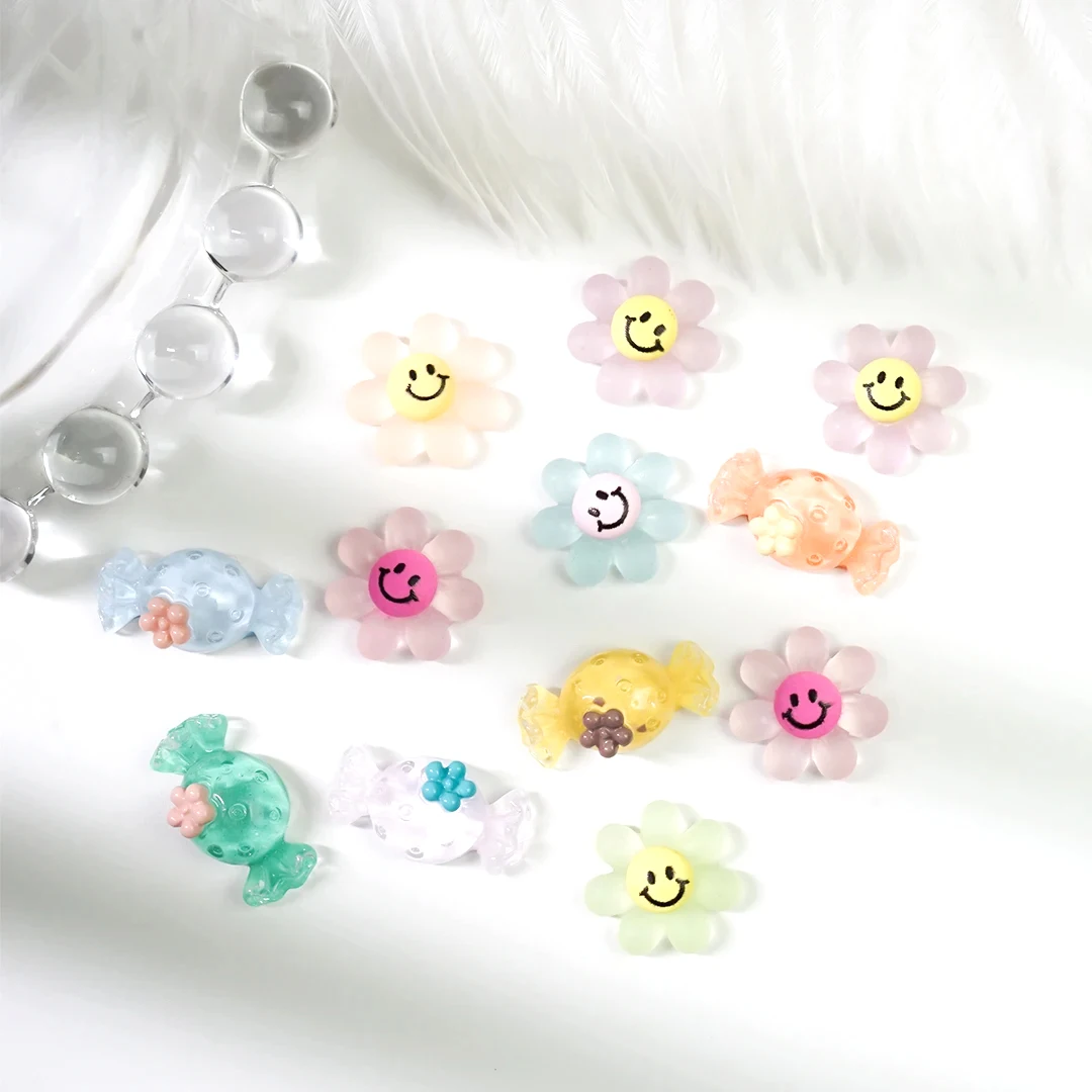 Acrylic Nail Charms Candy Sweet Smiley Face Nail Decorations Art Sugar Sunflower Translucent Parts Flatback Rhinestones Manicure