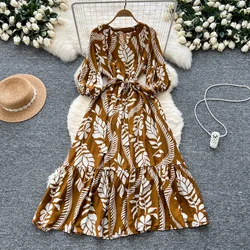 Elegant Lantern Sleeves Vintage V-neck Chic Print Slim Bandage A-line Long Dresses French Evening High Street Autumn Clothing