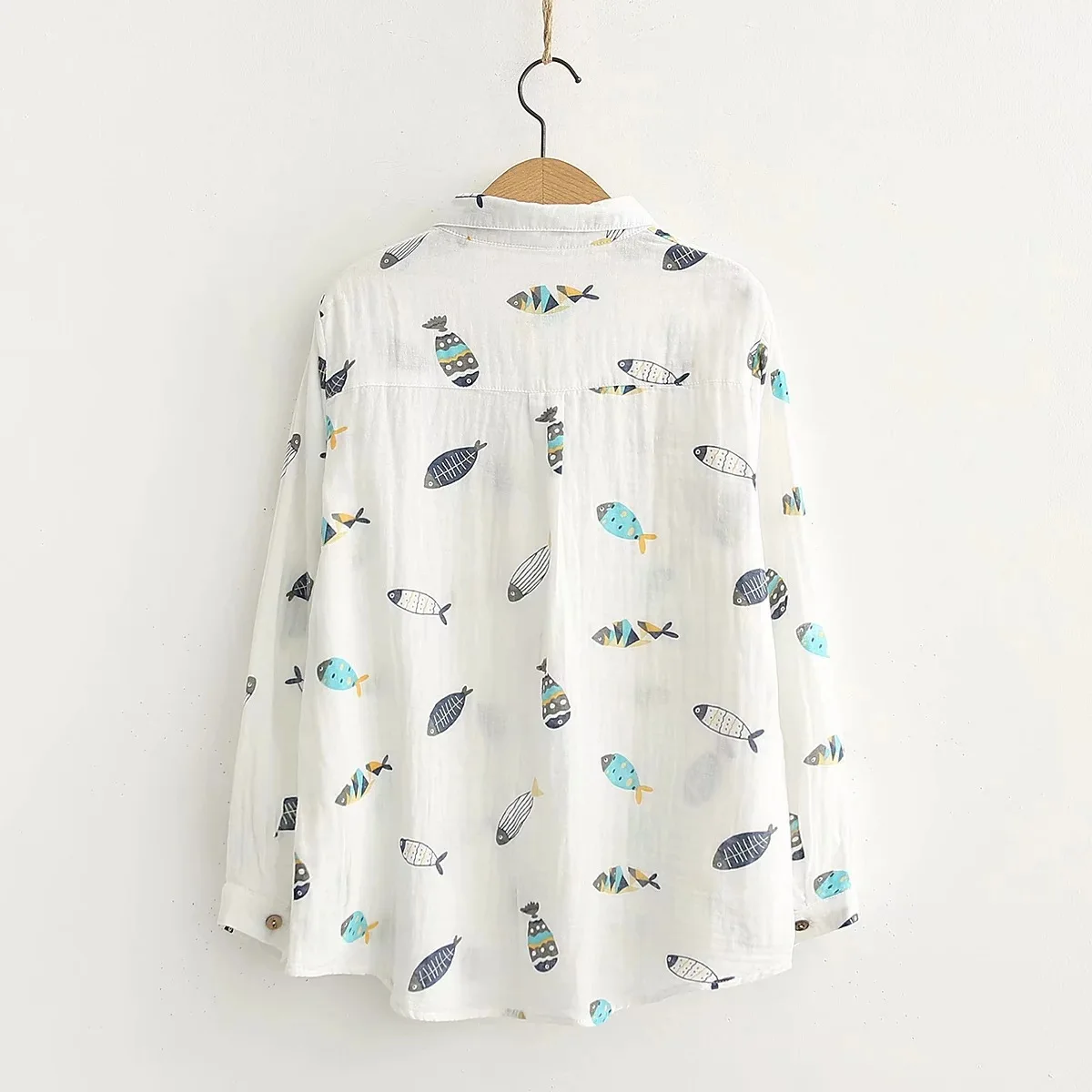 Spring New Women 2 Layer Cotton Yarn White Shirts Fish Print Full Sleeve Round Collar Loose Blouse Casual Tops Autumn T36302JC