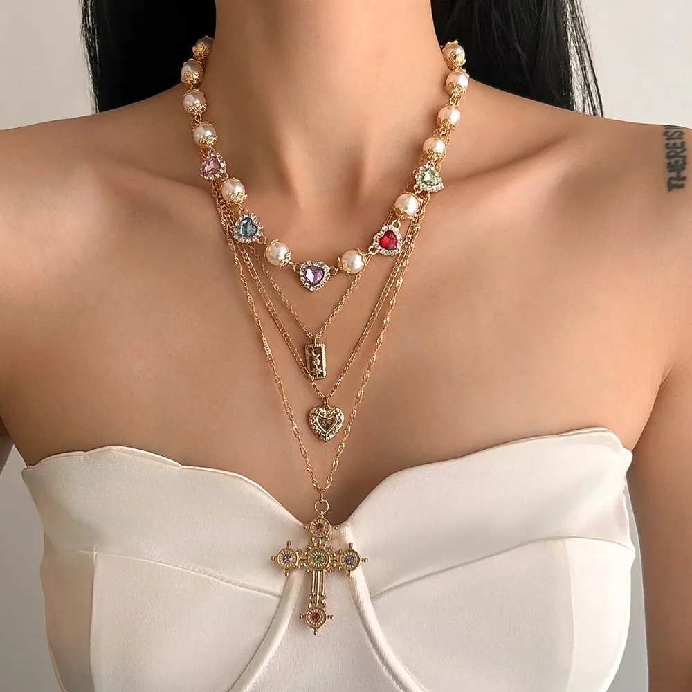 4pcs Set Hip-hop Fashion Cross Pendant Luxury Pearl Colorful Heart-shaped Crystal Multi-layer Necklaces for Women Jewelry Sets