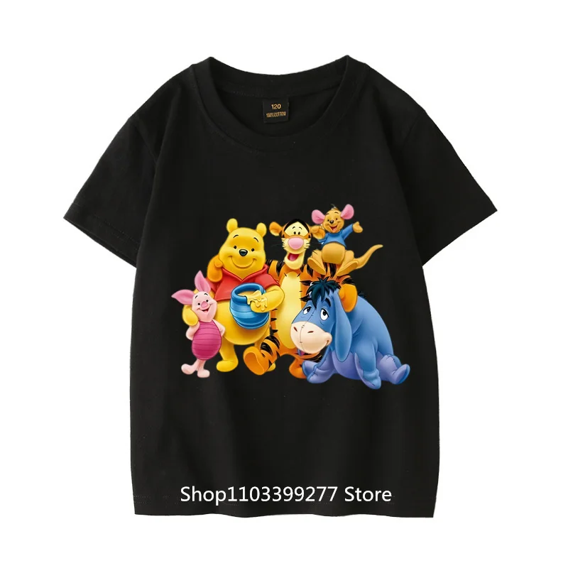 100% Cotton Unisex Children Short Sleeve T-Shirt Summer Clothes Cartoon Anime Winnie The Pooh Absorb Sweat Breathable T-Shirt