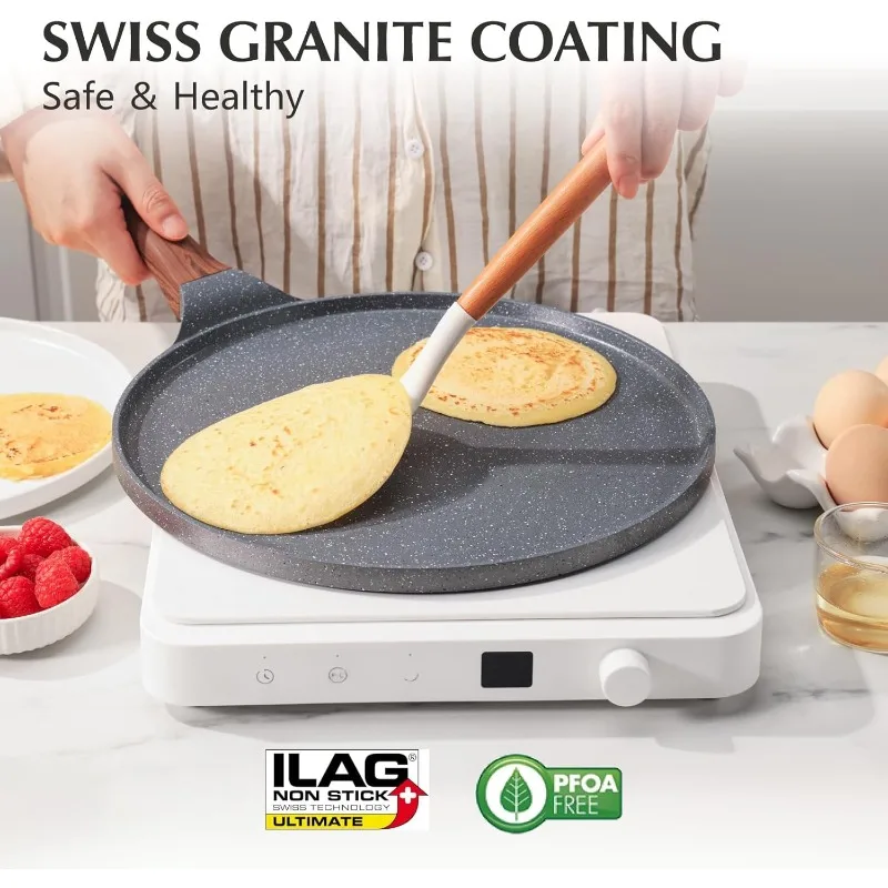 Nonstick Crepe Pan, Swiss Granite Coating Dosa Pan Pancake Flat Skillet Tawa Griddle 12-Inch with Stay-Cool Handle, Ind