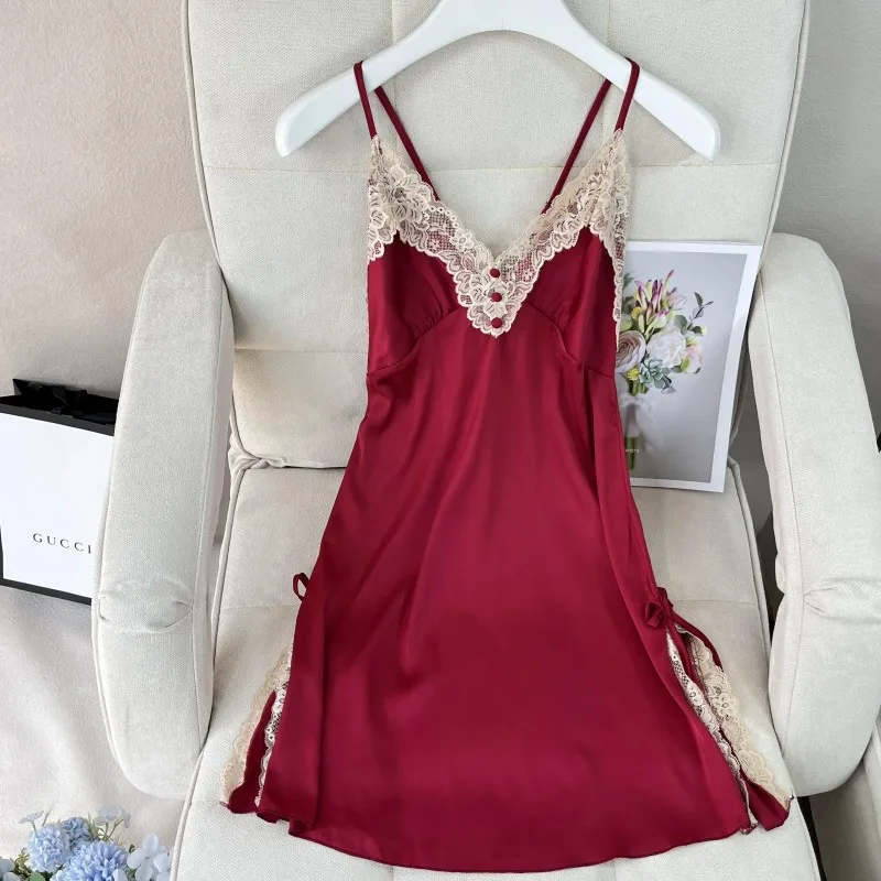 

Sexy Lace Trim Backless Nightdress Summer Women Suspender Nightgown Sleepwear Loungewear Loose Casual Silk Satin Home Dress
