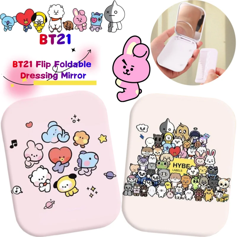 

Зеркало для макияжа BT21 Koya RJ Tata Chimmy Shooky с высококачественным аниме-принтом, портативное, складное, с откидной крышкой, подарок