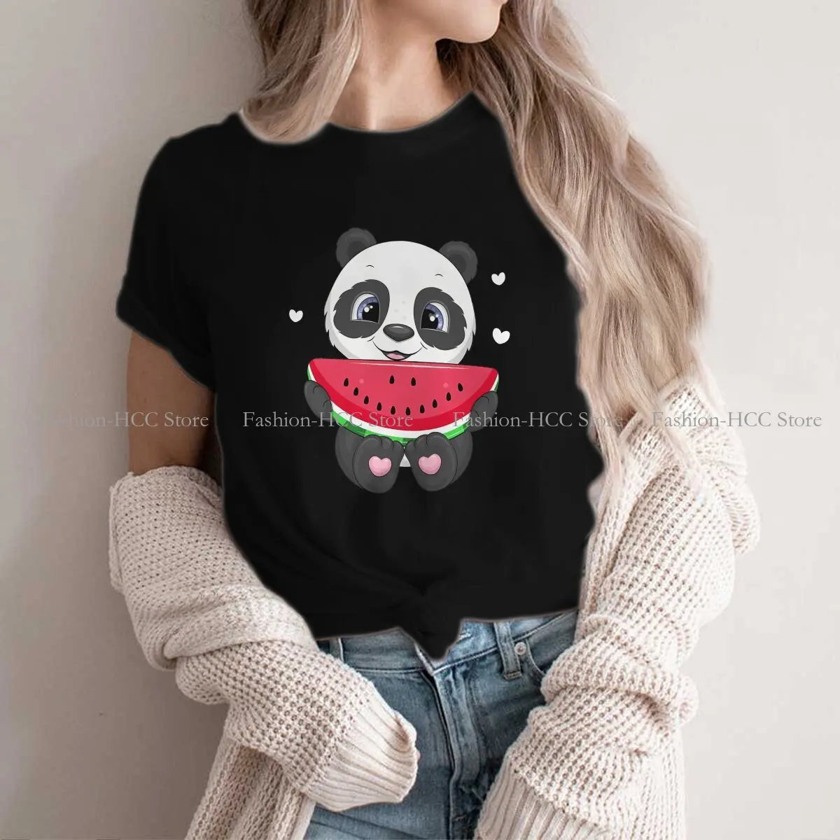 Holding A Big Watermelon Round Collar TShirt Cute Panda Animal Original Polyester T Shirt Women Clothes New Design